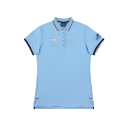 Customized women's short-sleeved Polo shirt, light blue, gradient color LOGO, Equestrian Academy Polo shirt, embroidered LOGO, pique 96%cotton 4%spandex P1599 Customized women's short-sleeved Polo shirt, light blue, gradient color LOGO, Equestrian Academy Polo shirt, embroidered LOGO, pique 96%cotton 4%spandex P1599